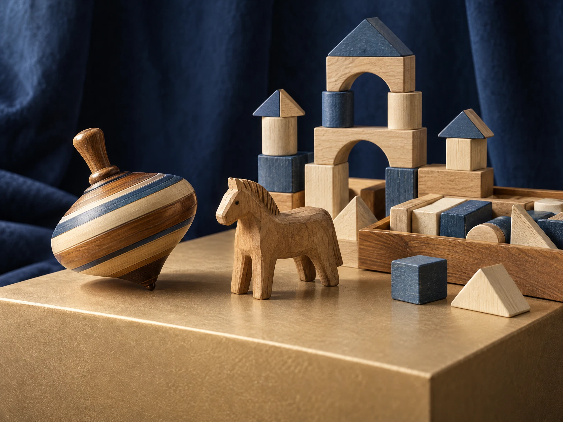 A wooden spinning top, carved animal and simple building blocks