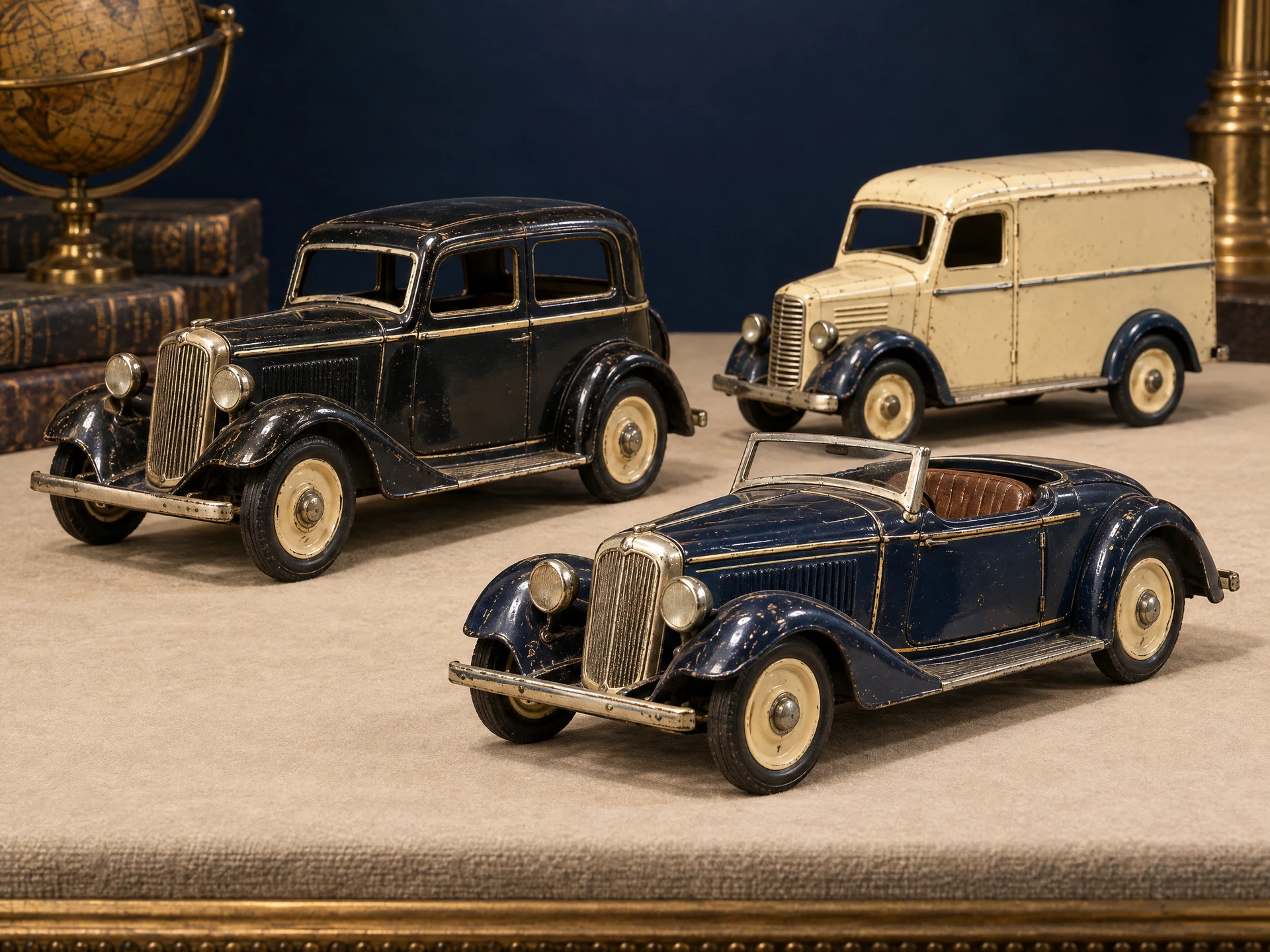 Collectible tin toy cars with enamel details, displayed against midnight blue