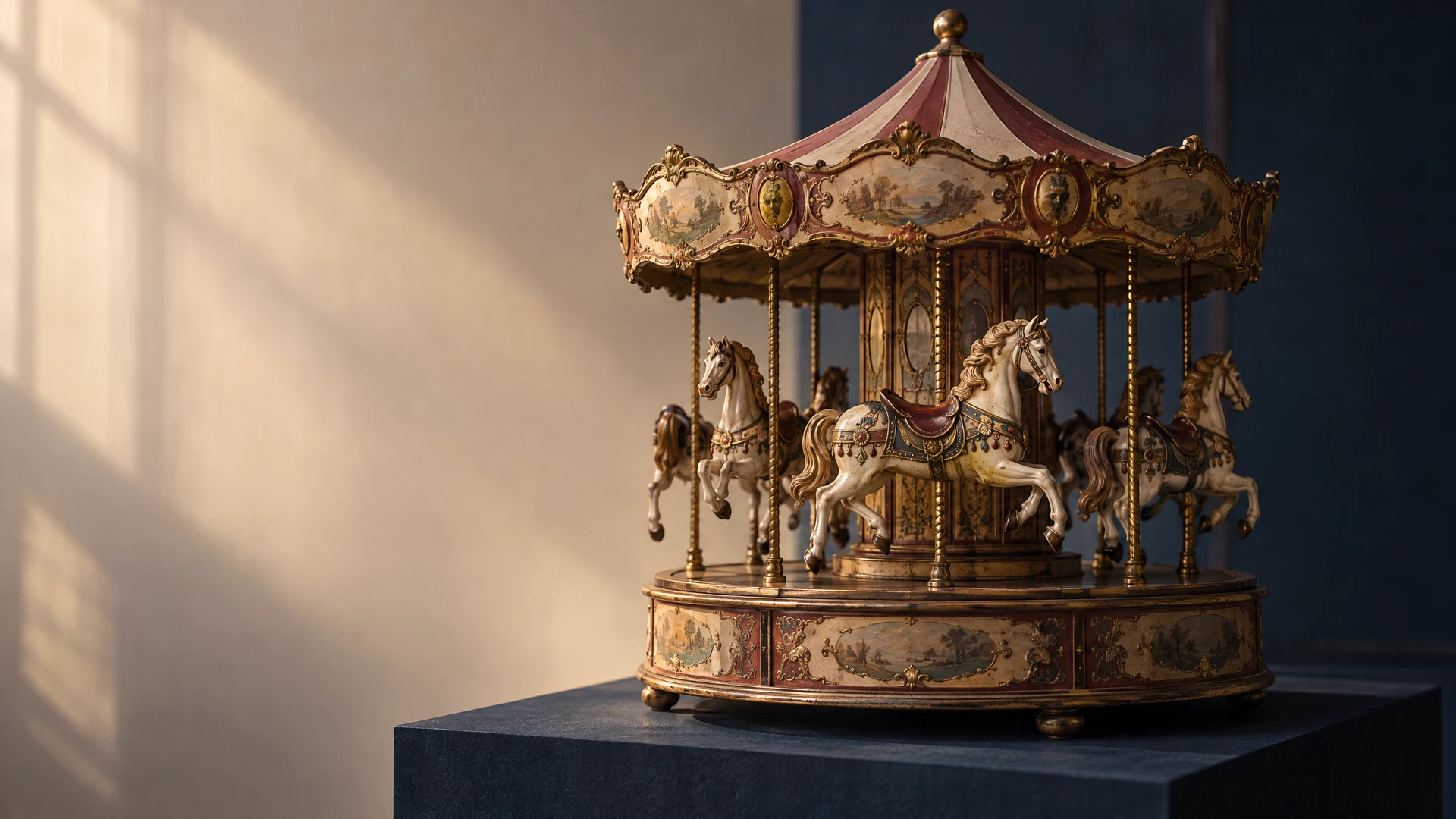 A finely detailed miniature carousel with hand-painted horses and brass fittings