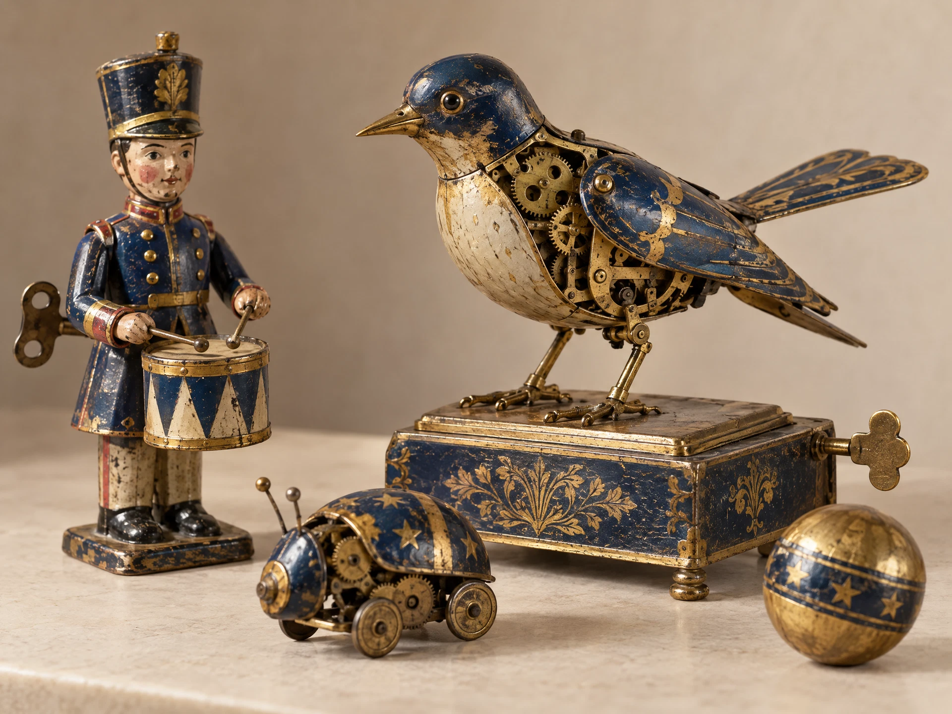 A tin drummer and brass clockwork bird, examples of mechanical toy design