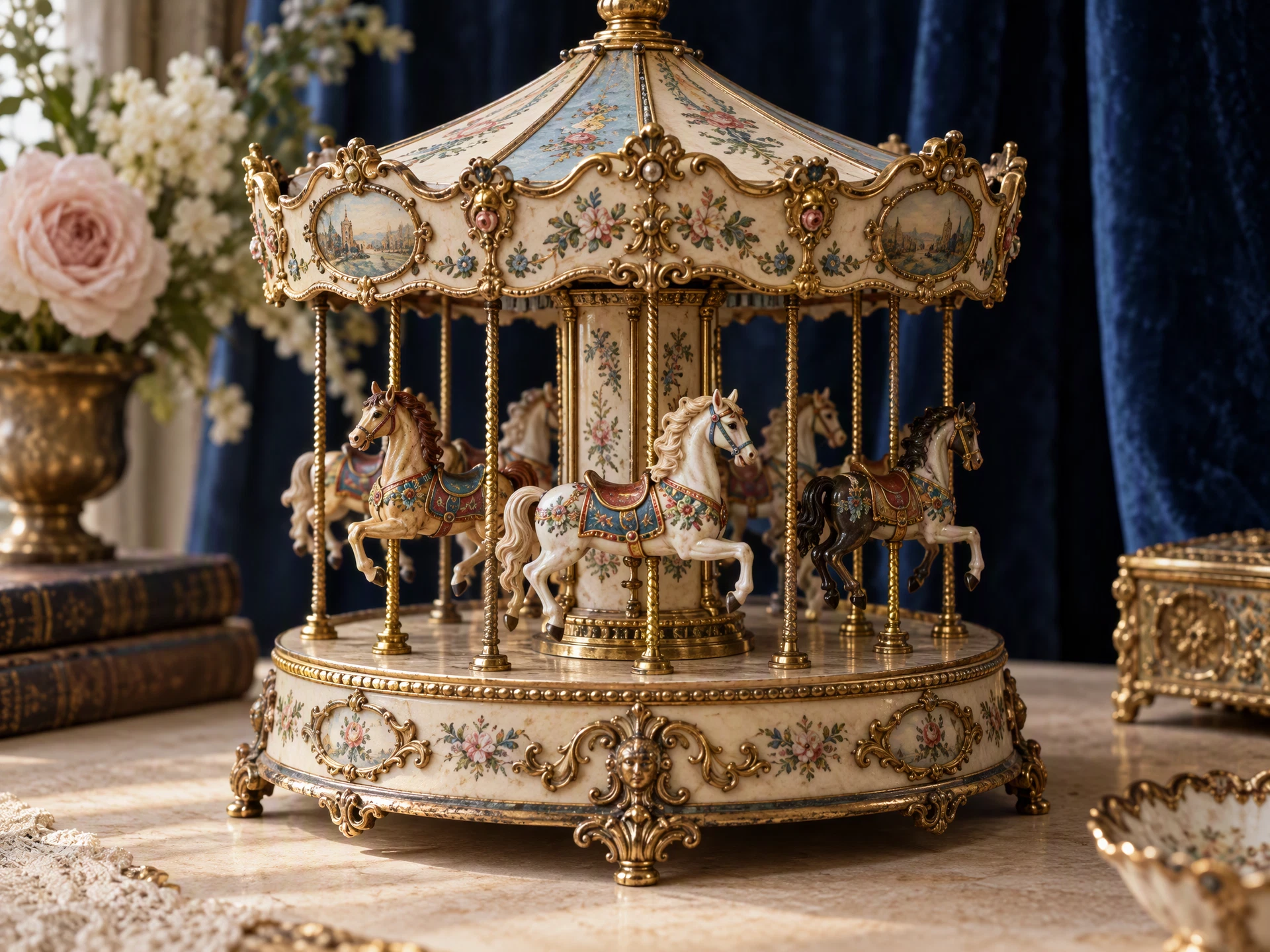 A miniature carousel with little painted horses, fine brass poles and an ornate canopy
